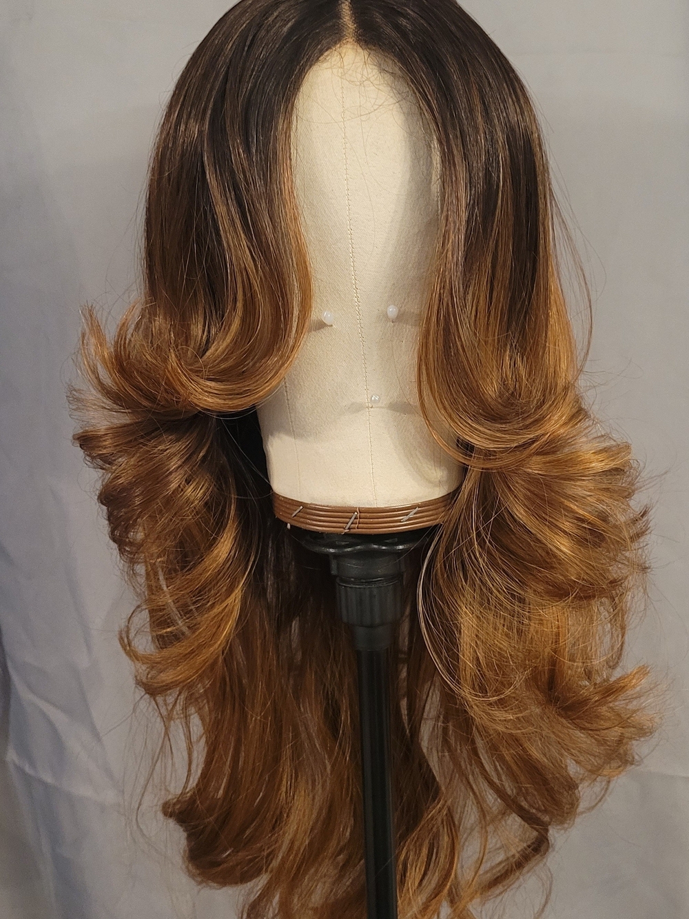 Long Layered Reddish Brown Ombre Wig - Natural Dark Brown to Caramel